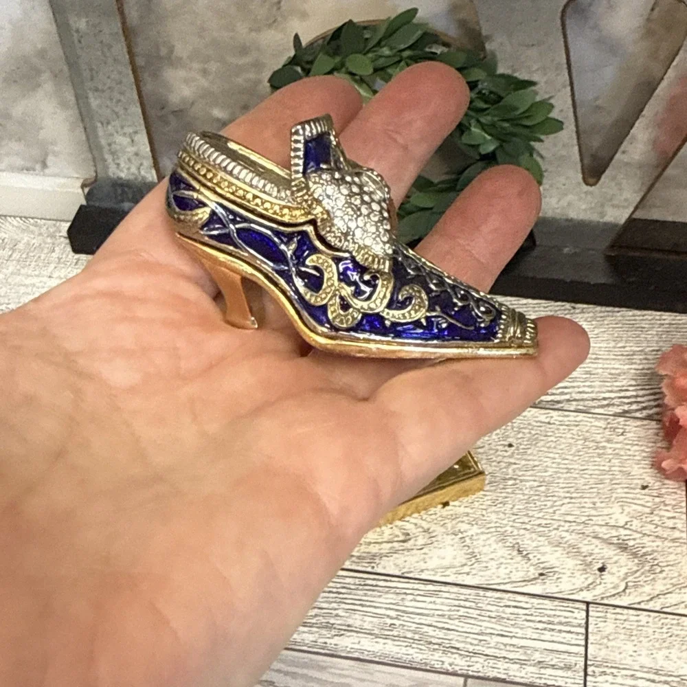 Enameled Cloisonné High Heel Magnetic Blue‎ Gold Trinket Box Crystal Bejeweled